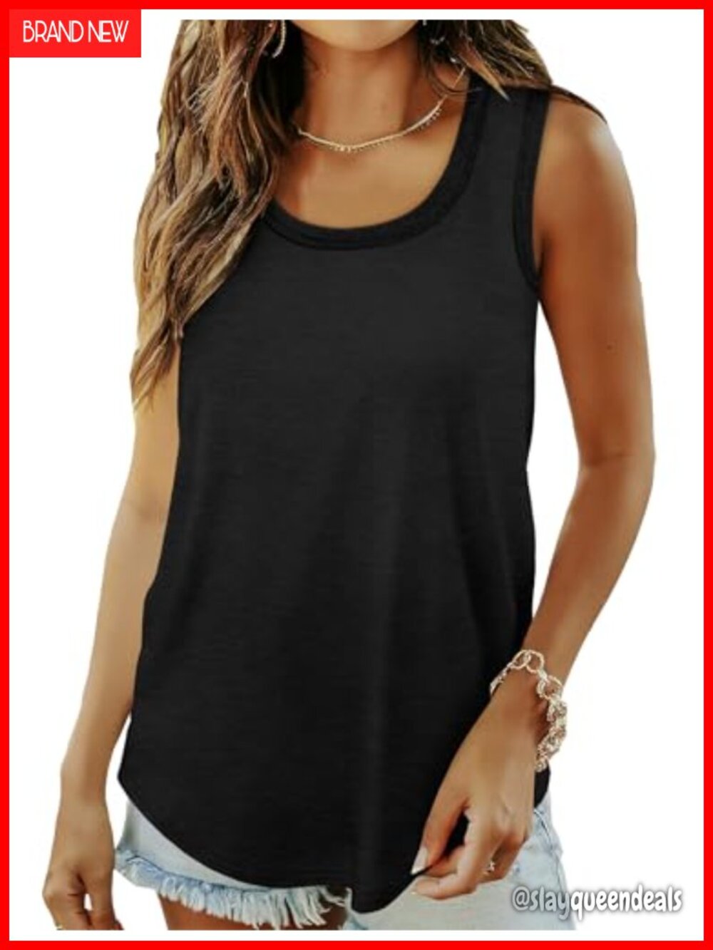Womens Tank Top Sleeveless Loose Fit Ribbed Trim Scoop Neck Curved Hem